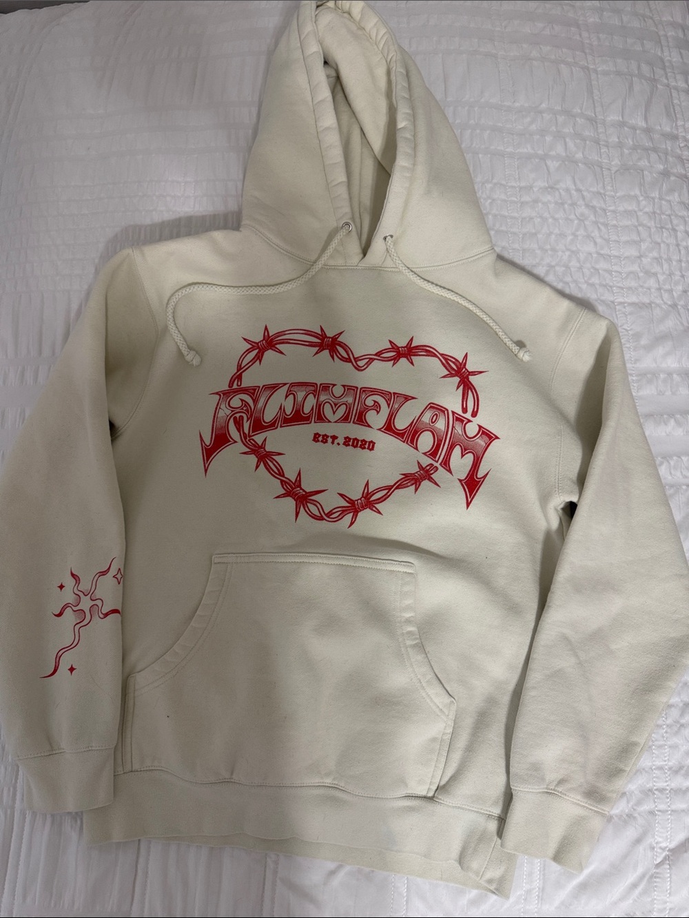 Cream Hoodie with Red Heart-Graphic Pullover